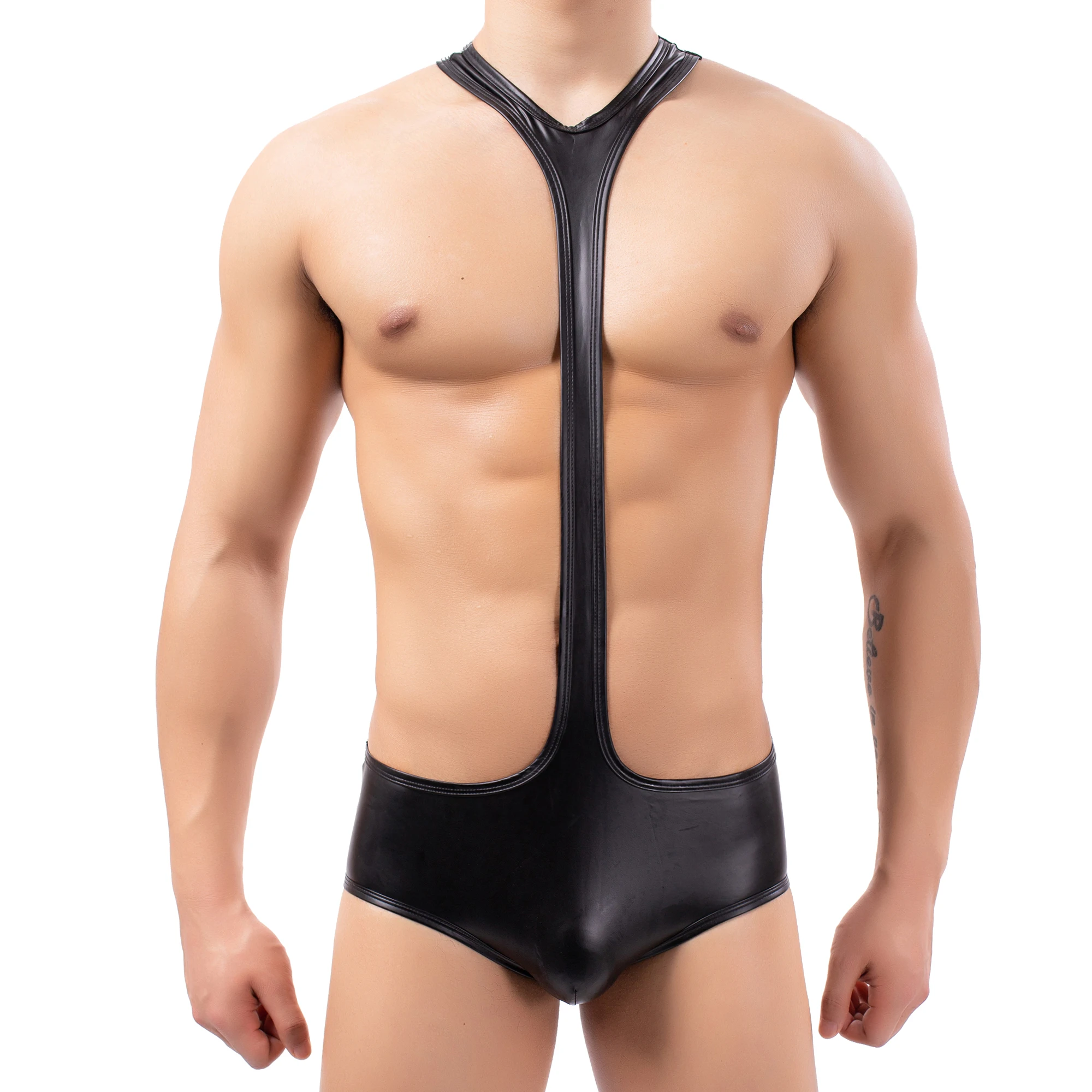 

Sexy Men's Bodysuit Wrestling Singlet Gay Jumpsuits PU Leather Leotard Fetish Undershirts Jockstrap Briefs Penis Pouch Underwear