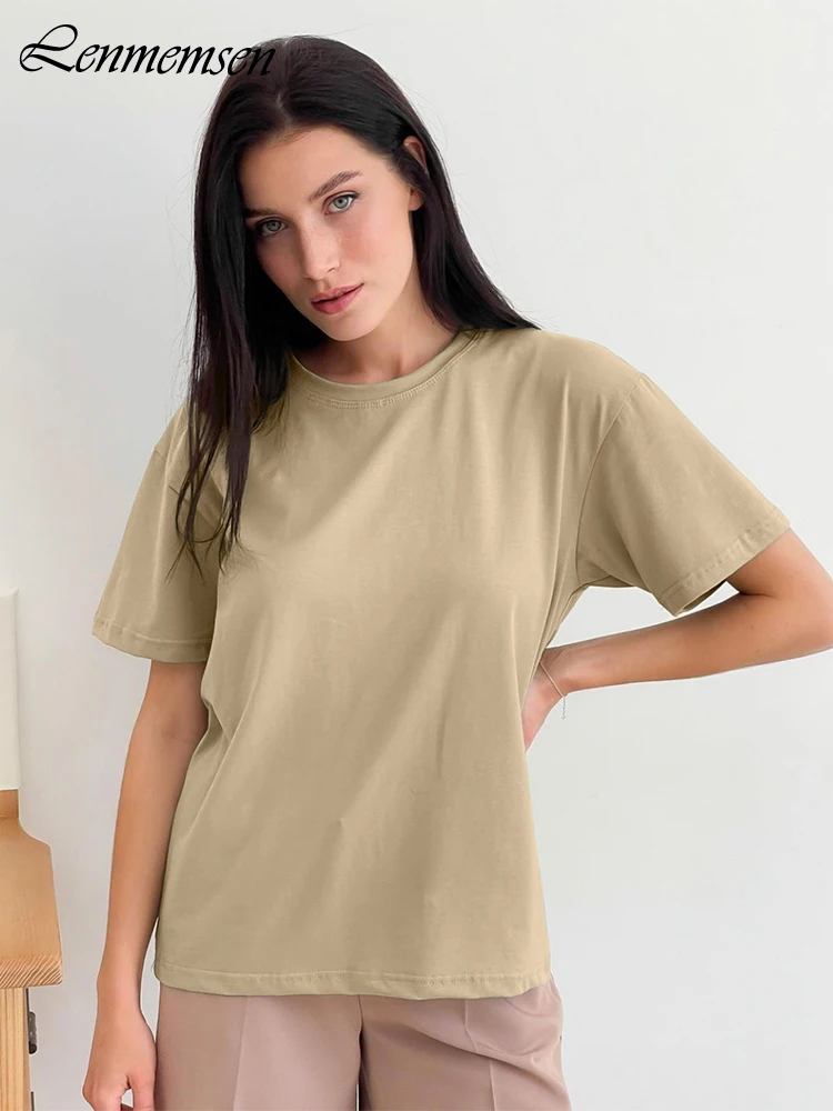 

Lenmemsen Elegant Soft Cotton T Shirts for Women 2023 Summer Casual Short Sleeve Solid Tees Female Trendy Chic Loose Basic Tops