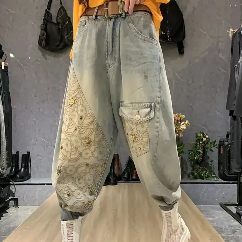 Fashion Jeans Women 2023 Spring Autumn New  Vintage Clothes Heavy Order Bead Print Do Old  Pants High Waist Baggy Pants Trousers