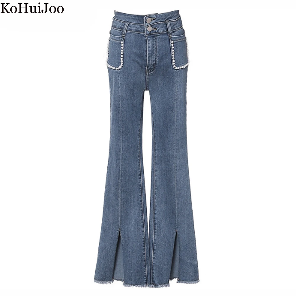 

KoHuiJoo Flare jeans Woman 2022 New Fashion Korean Beading Pocket Design Fork Denim Pants Bootcut jeans Women High Waisted