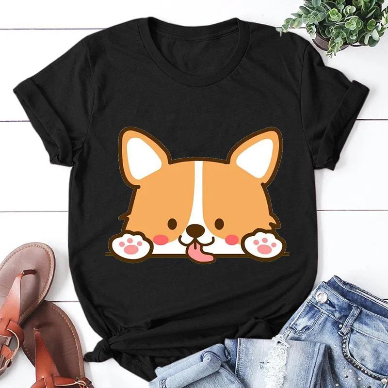 Женская футболка с коротким рукавом круглым вырезом и принтом собаки