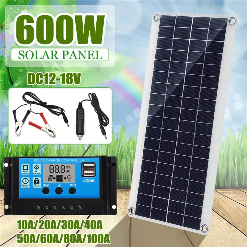 

600W Solar Panel Kit 12V USB charging Solar Cell Board Portable for Phone RV Car MP3 PAD 10A/20A/30A/40A/50A/60A/100A Controller