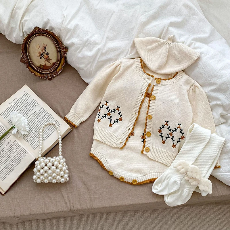 

MILANCEL New Autumn Baby Knitted Suit Toddler Girls Flower Bodysuit +Coat Infant Outwear