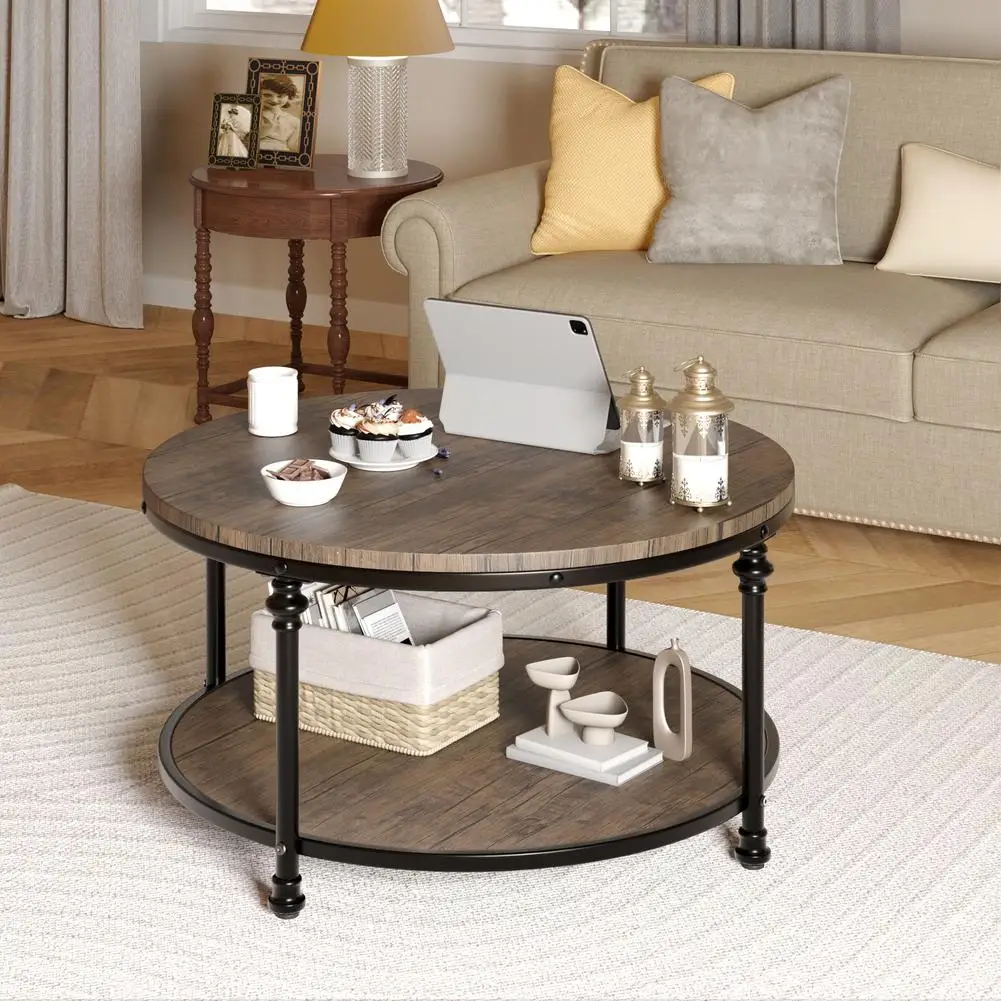 

2-Tier Round Coffee Table Rustic Center Table with Storage Shelf for Living Room with Sturdy Metal Legs Wood Circle Coffee Table