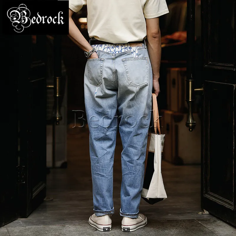 MBBCAR 14.5oz one washed selvedge denim jeans loose pencil pants for men fixed color original white blue gradient jeans 7372