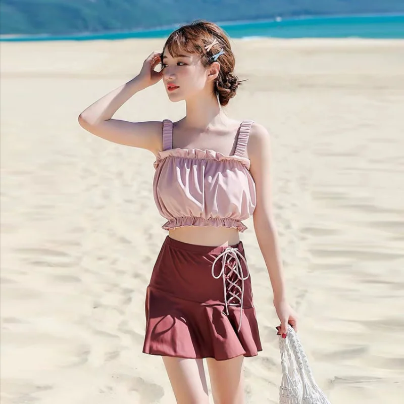 

Hot Spring Skirt Split Swimsuit Bubble Sleeve 2 Pcs Swimsuit Female Conservative Cover Belly Resort Swimsuit Cute Swim Skirt