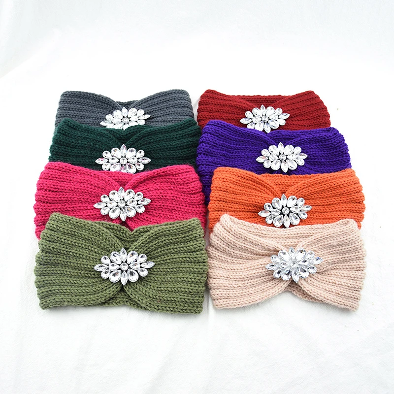 

Winter Wide Knitted Headband Women Clear Crystal Flower Twist Crochet Hair Band Head Wrap Rhinestone Ear Warmer Accessories