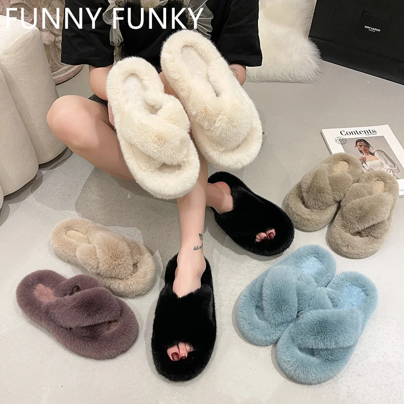 

Сандалии женские с искусственным мехом, Нескользящие утолщенные домашние меховые тапки с перекрестными ремешками, без застежки, мягкая теп...