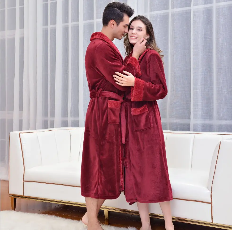 Men's Bathrobe Winter Warm Pajamas Long Sleeves Thicken Flannel Robe Sleepwear Homewear Robe Relax Pyjamas Bathrobe For Couples