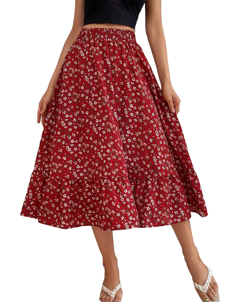 

Women s Vintage Floral High Waist Skirt Swing Flounce Chiffon Dress Casual Elastic Ruched Full skirt