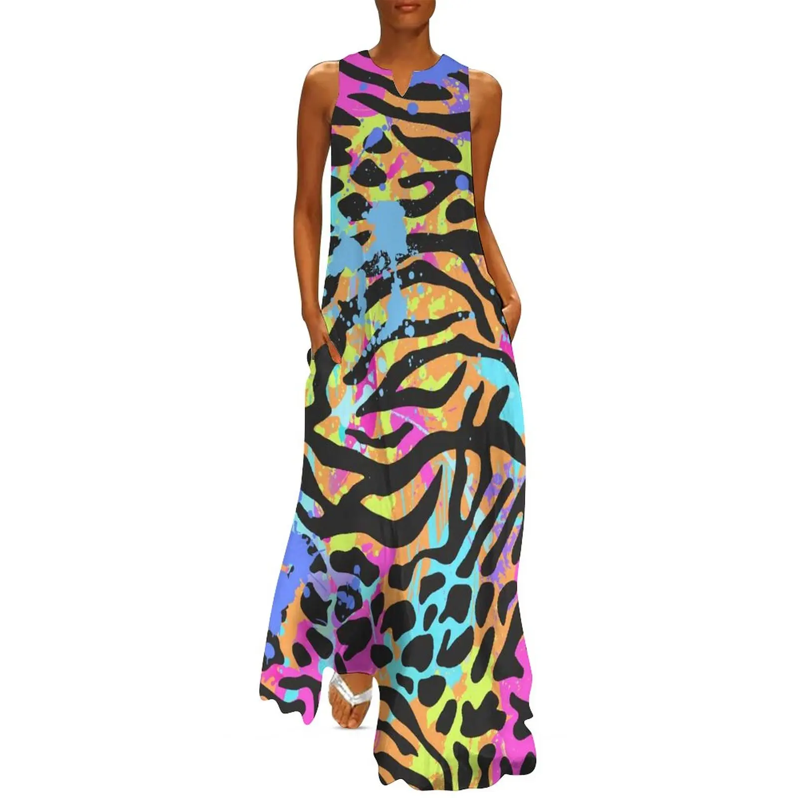 

Colorful Tiger Print Dress Metallic Animal Fur Stripes Vintage Maxi Dress Streetwear Boho Beach Long Dresses Big Size Vestidos