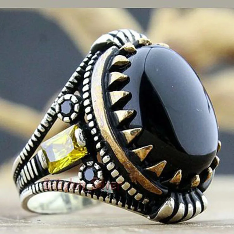 

Vintage Black Agate Men's Rings Silver Color Oval Shape CZ Zircon Engagement Wedding Ring Anniversary Jewelry Gifts