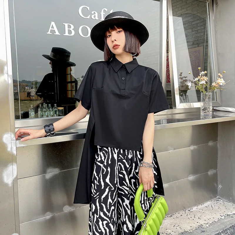 

Short In Front and Long In Back Short Sleeve Irregular Shirt Tops 2023 Summer Women Streetwear Gothic Hip Hop Loose Blouse 82003