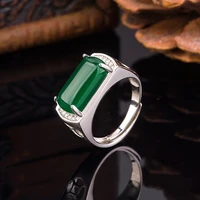 hoyon korean diamond style encrusted square green agate mens ring retro emerald green chalcedony ring index finger ring jewelry