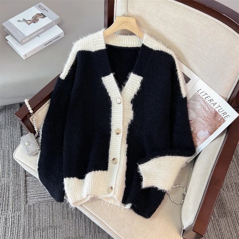 

Double-breasted Sweater Mohair Tops Women 2023 Autumn Long Sleeve V-neck Cardigan Elegant Vintage Fashion Chic Knitwear