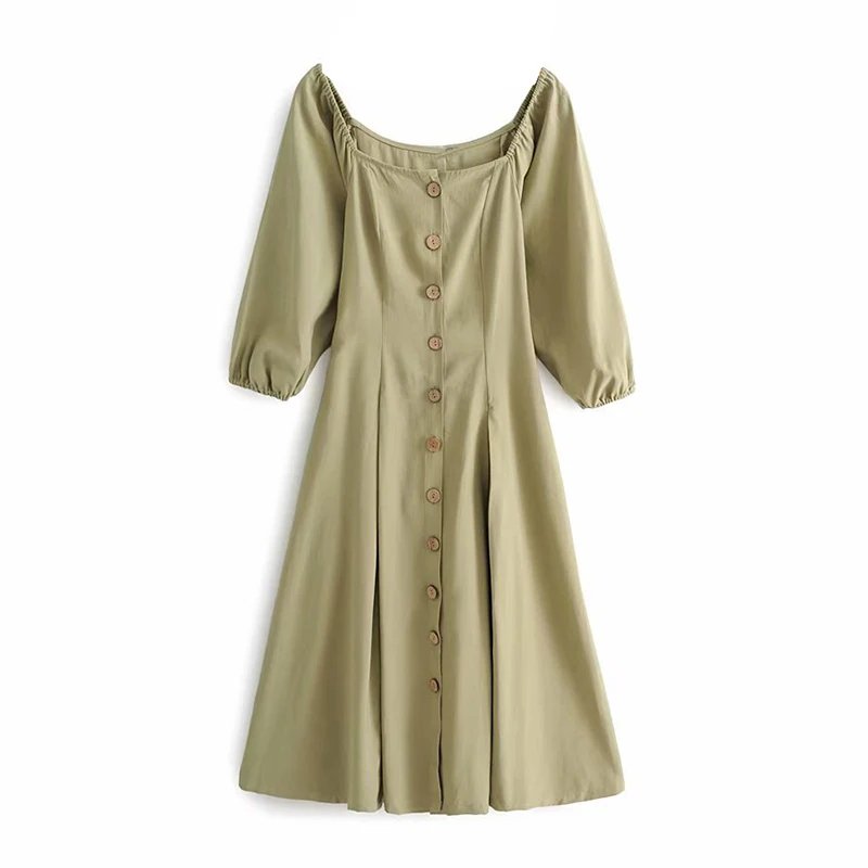 

Elegant Casual Solid Midi Dress Women A Line Three Quarter Sleeve Button Dresses Chic Square Collar Sashes Long Dress Vestidos