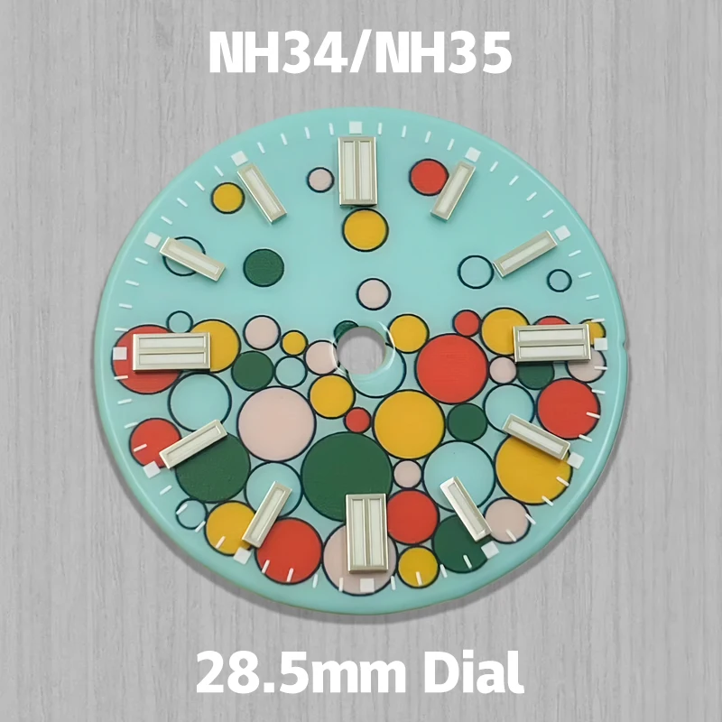 Фото Циферблат NH35, 28,5 мм, S-логотип, эмалированный цвет, пузырьковый циферблат, зеленый светящийся, подходит для деталей модификации часов с механизмом NH34/NH35 №2
