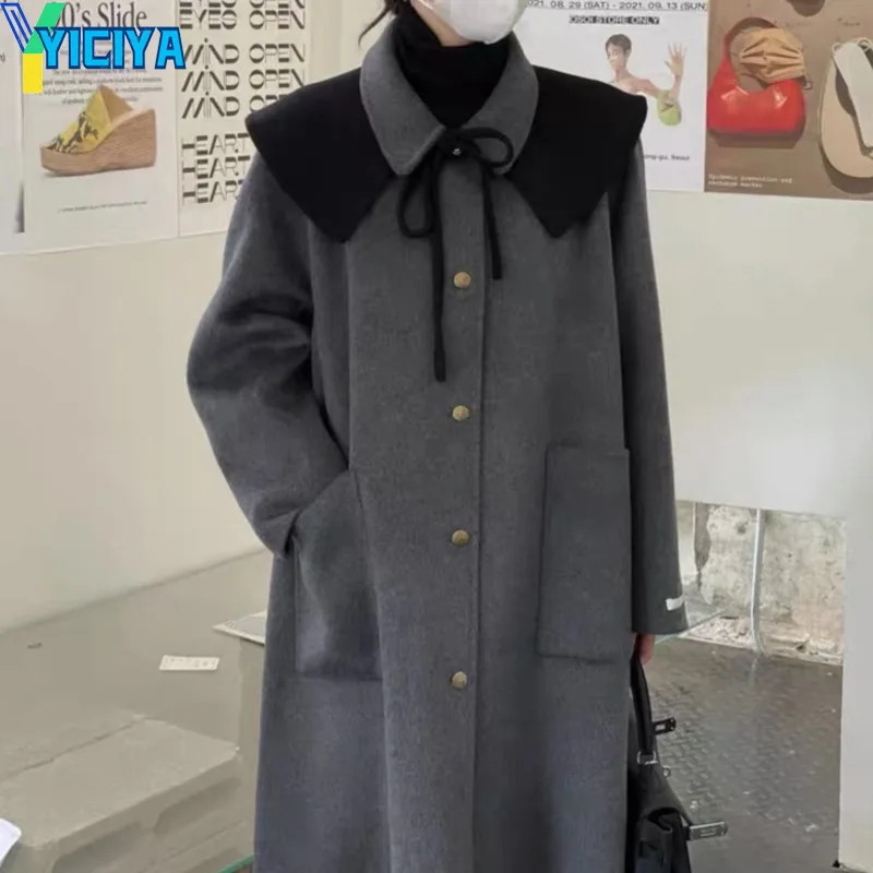 

YICIYA Woolen Coat Female Doll Collar Retro Long Coat Oversized Fashion Woman Blazer 2022 Casual Y2k Clothes Winter Jacket 2022