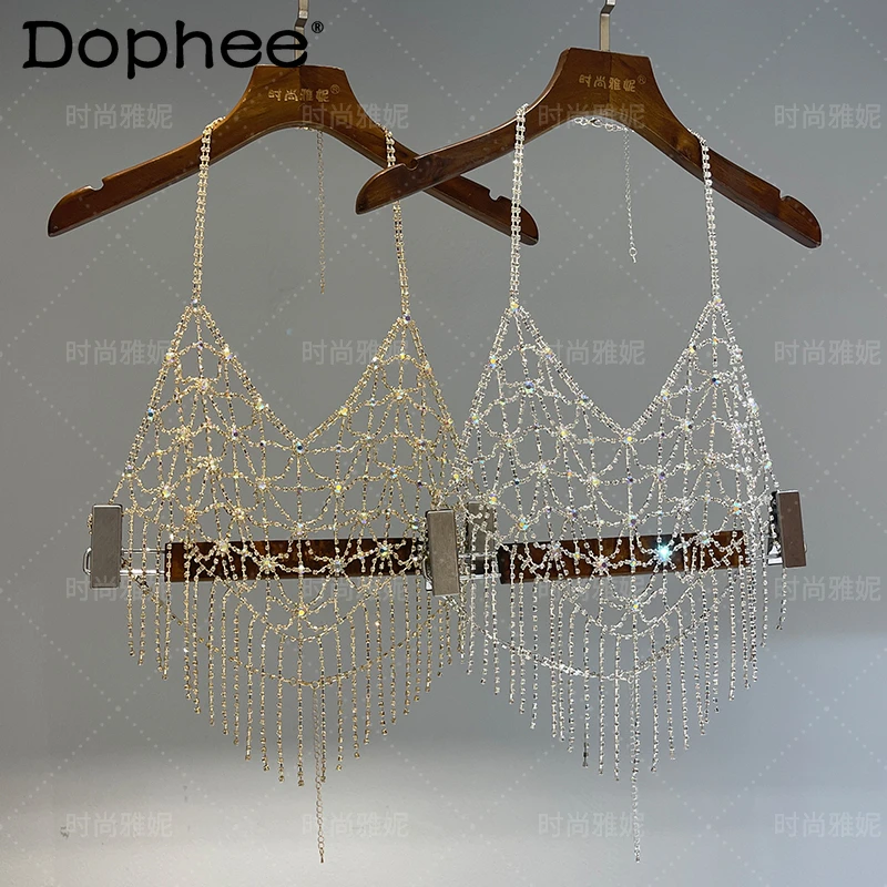 

Fashion Tassel Vest Heavy Industry Mesh Diamond Chest Necklace Body Chains Women's Nightclub Stage Show Sexy Clothing Top Slings