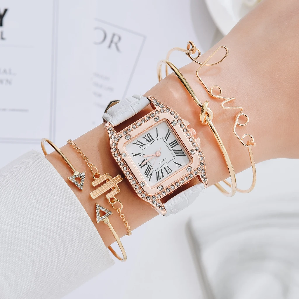 

Women Diamond Watch Starry Square Dial Bracelet Watches Set Ladies Leather Band Quartz Wristwatch Female Clock Zegarek Damski