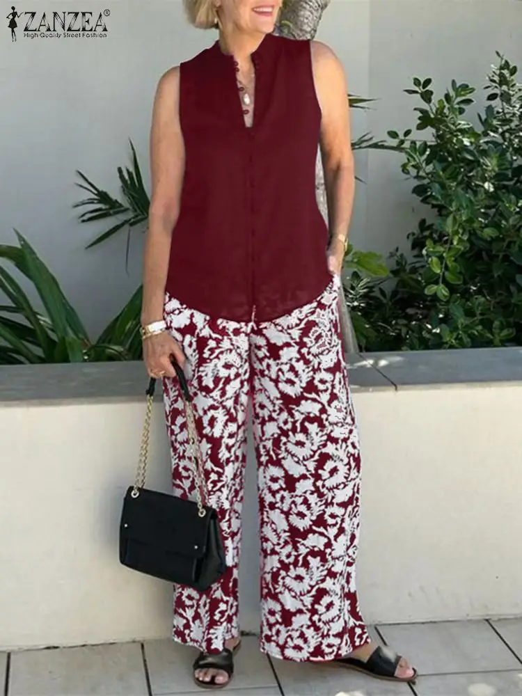 

Summer Floral Tracksuits ZANZEA Bohemian Female Blouse Sleeveless Tops Wide Leg Pants Sets Women Casual Printed Matching Sets
