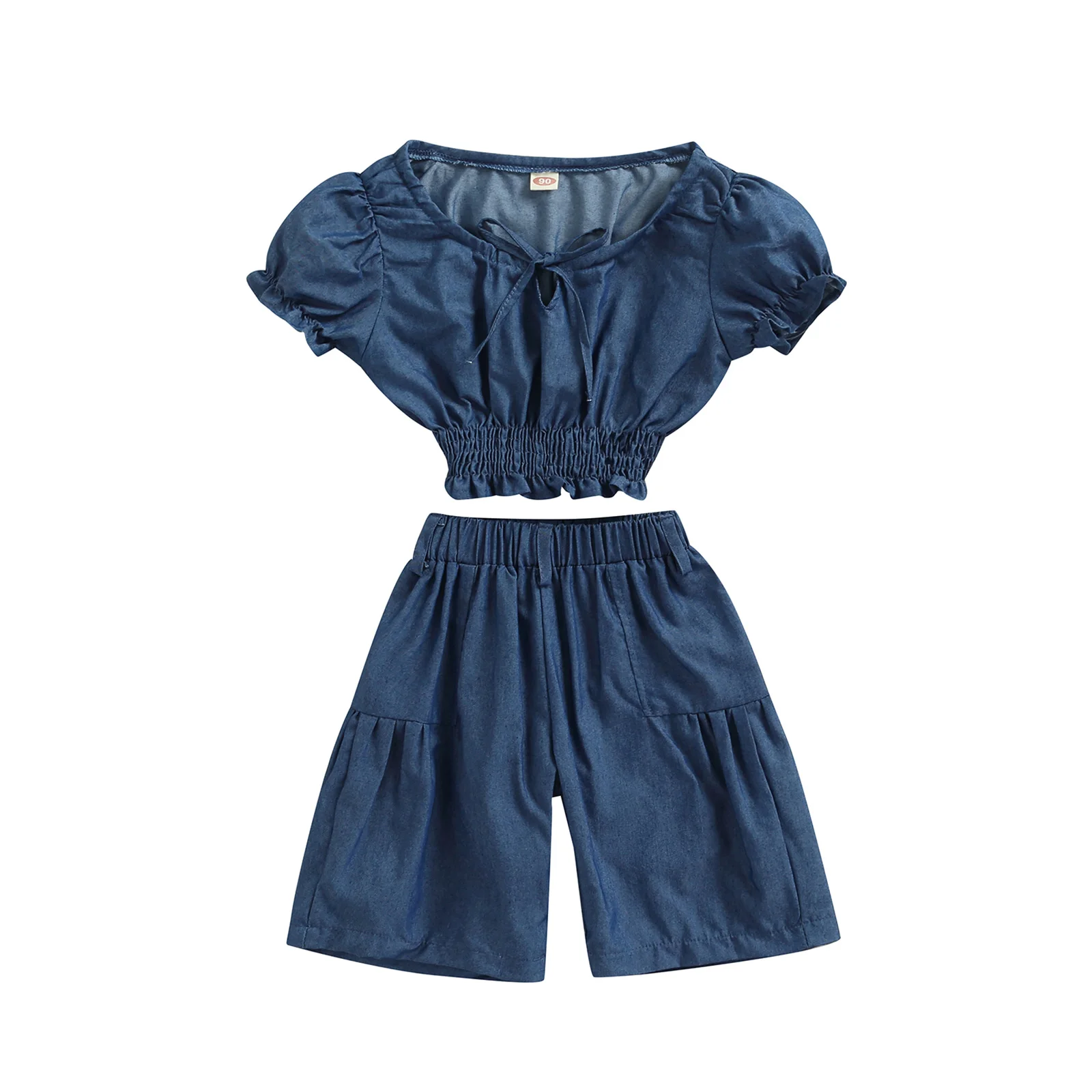

2022-01-11 Lioraitiin 1-6Years Toddler Kids Girls Casual Suit Short Sleeve Solid Color Bandage Tops High Waist Loose 3/4 Pants