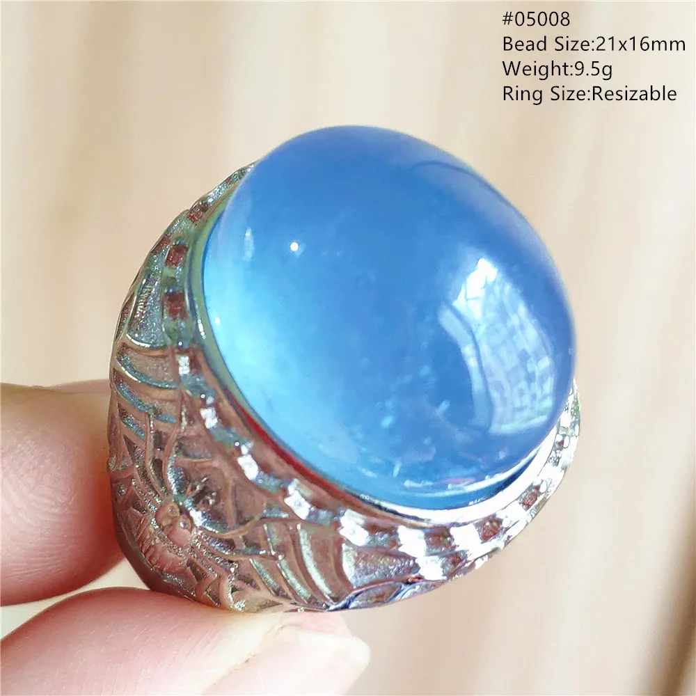 

Natural Blue Aquamarine Adjustable Ring Crystal Brazil Oval Beads Blue Aquamarine Men Ring Big Size 925 Sterling Silver AAAAAA