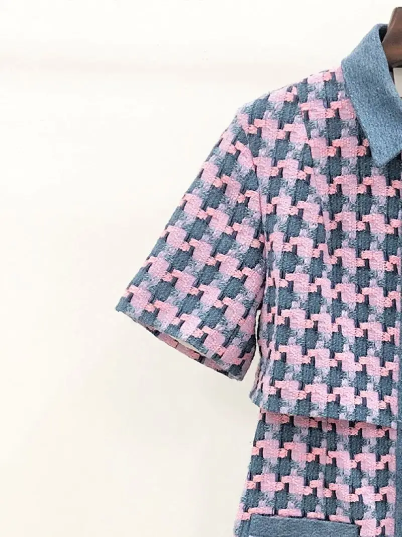 Women Denim Stitching Plaid Turn Down Collar Short Sleeve Single Breasted Holiday Tweed Mini Dress