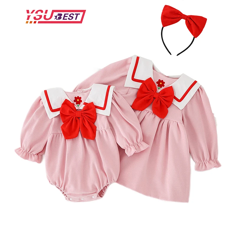 

Одежда для сестры, весенне-осеннее хлопковое платье принцессы с длинными рукавами, оборками и цветочным бантом для девочек, детские комбине...