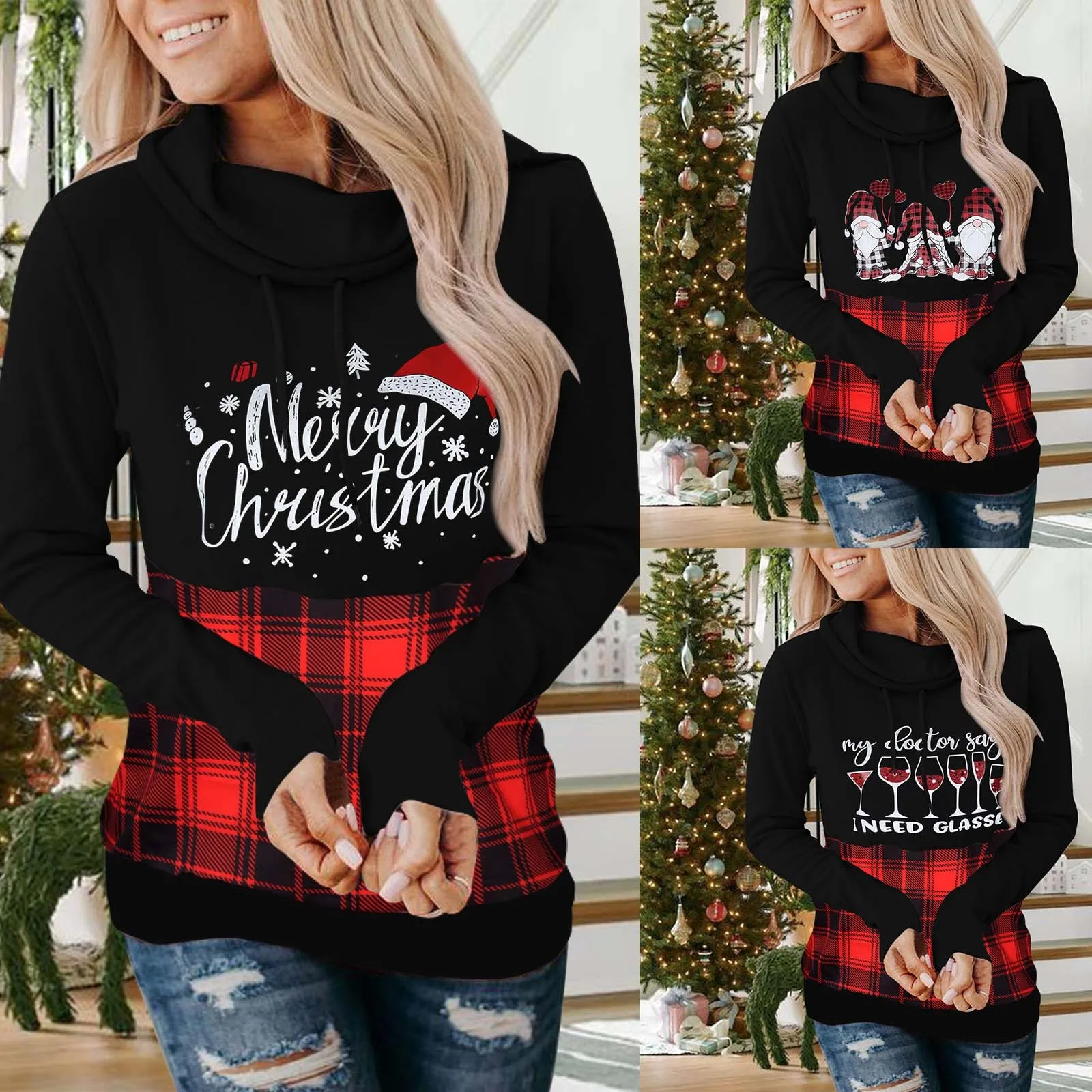 

Fall Sweater Women Christmas Autumn And Winter Women's Pure Color Patchwork Plaid Long Sleeved High Hooded Sweatshirt Womens