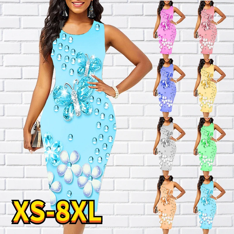 

Women's Dress Green Fashion Sleeveless Floral Butterfly Print Knee Length Dress Summer Round Neck Fashion Casual Straight Skirt