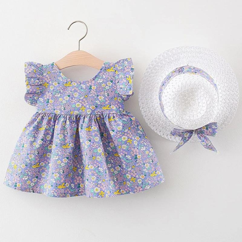 2Piece Newborn Baby Girl Summer Clothes Korean Cute Flowers Sleeveless Cotton Infant Princess Dress+Sunhat Toddler Dresses BC011