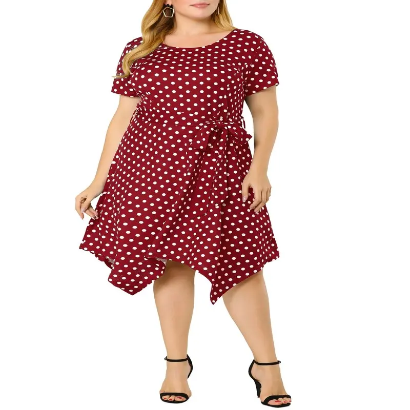 

Women`s Plus Size Polka Dots Short Sleeve Tie Waist Flare Dress