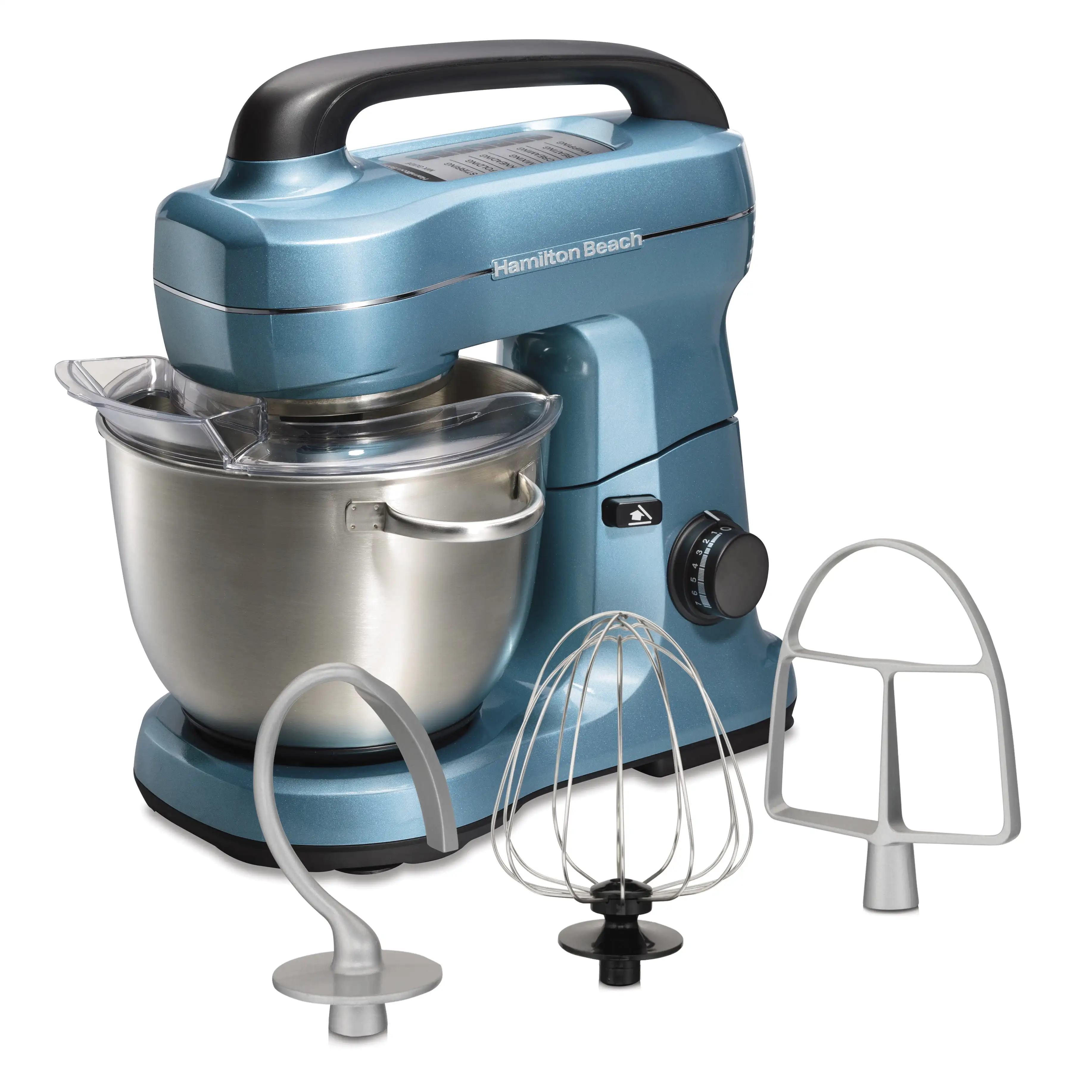 

Blue Stand Mixer: 7 Speeds, Whisk, Dough Hook, Flat Beater Attachments