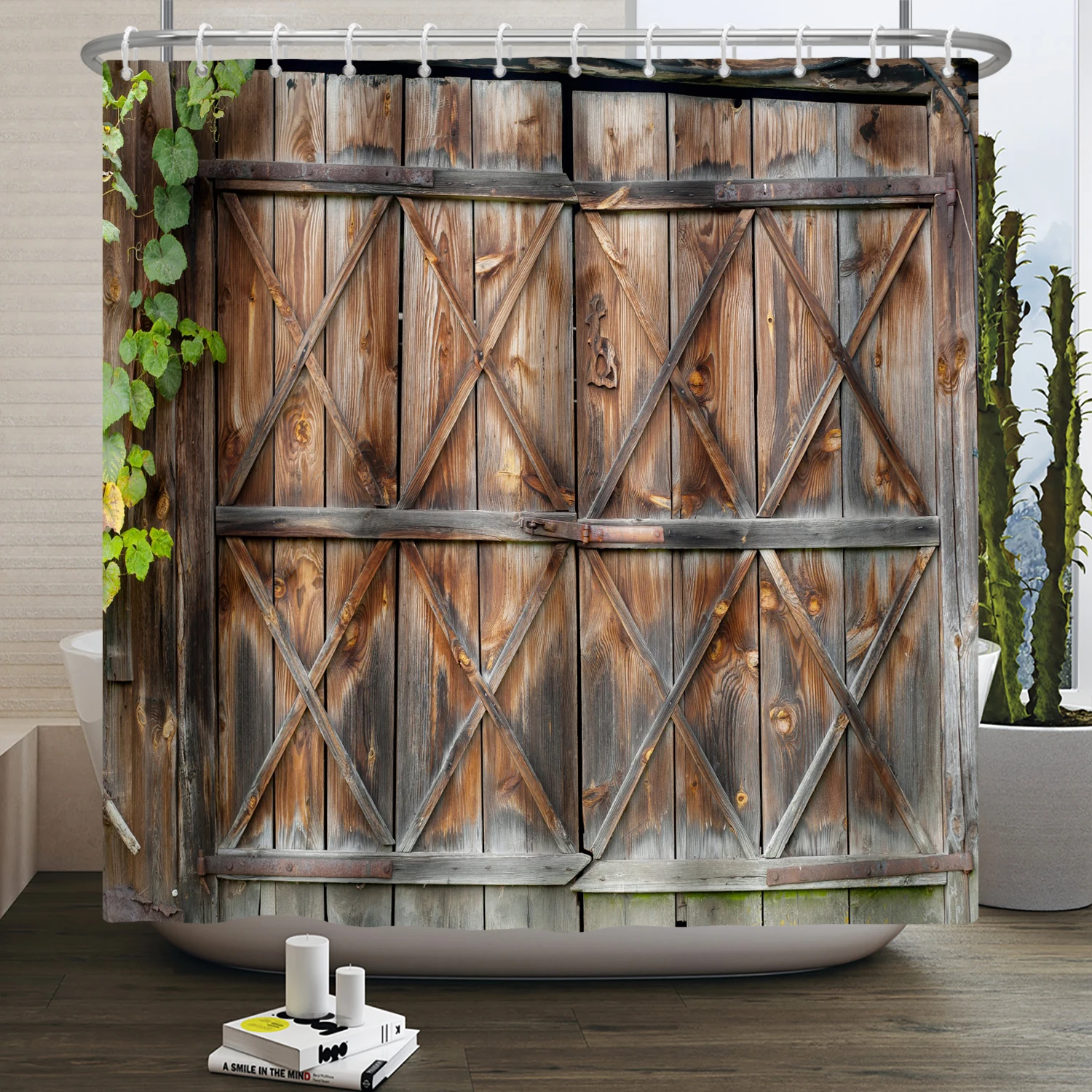

Shower Curtain Bath Mat Marine Theme Design on Rustic Wooden Board Beach Ocean Shell Lighthouse Sailboat Bath Curtain