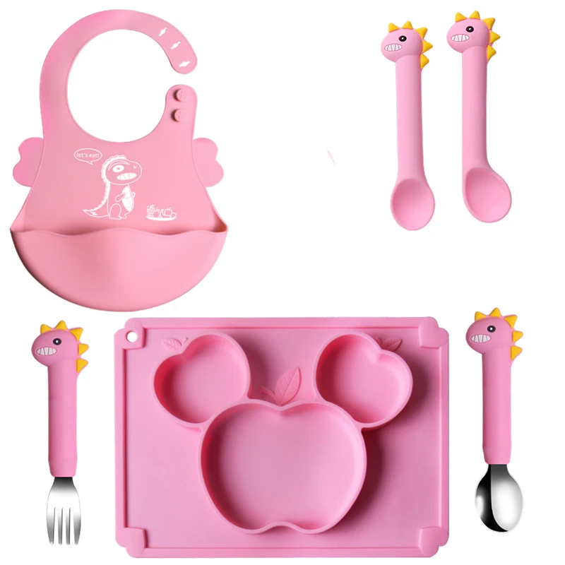 

Baby Soft Silicone Bowl Plate Cup Bibs Spoon Fork Sets Non-slip Tableware Children's Feeding Dishes BPA Free Dinnerware Set