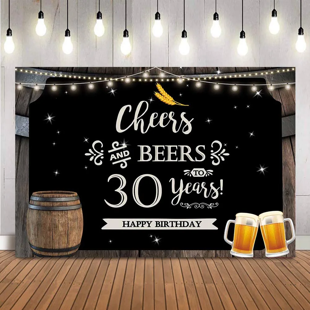7 x5ft Cheers and Beers fondale fotografico per 30th 40th 50th Birthday Party Banner rustico Glitter Wood Background Photo Booth