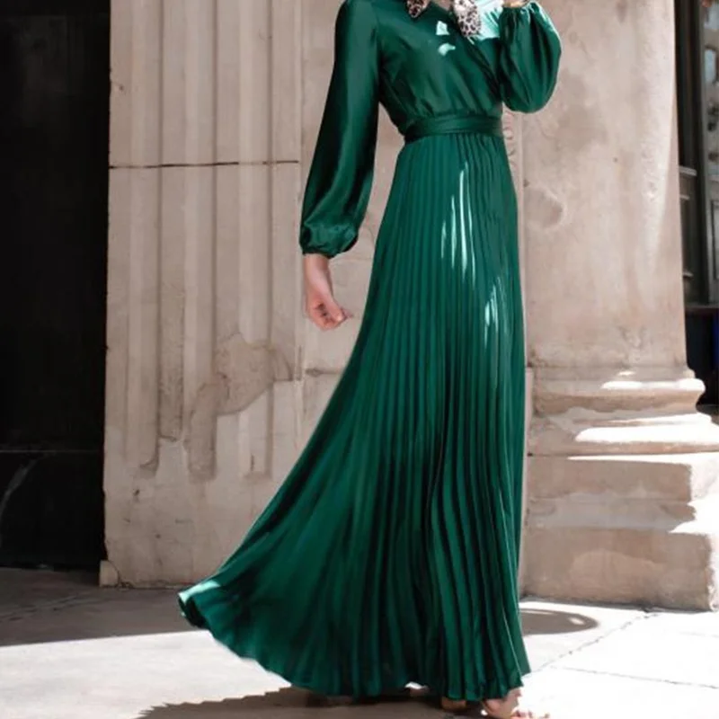 Solid V Neck Long Sleeve Muslim Women's Clothing Dresses New Fashion Stitching Pleated Long Skirts Universal For All Seasons