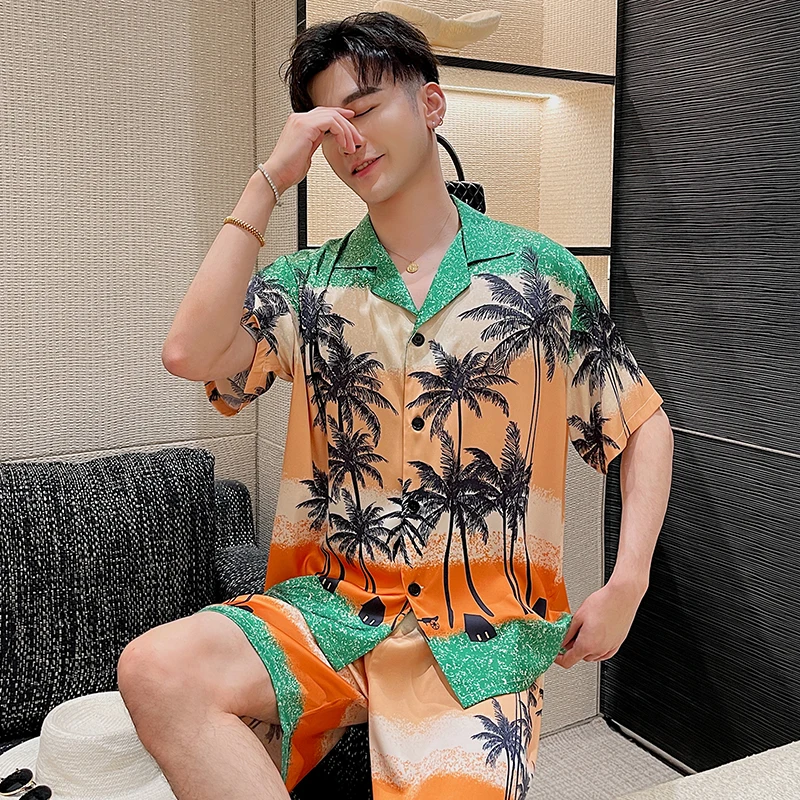 PICKBIRD Summer new ice silk pajamas men's star with the same high-quality thin section simulation silk home clothes