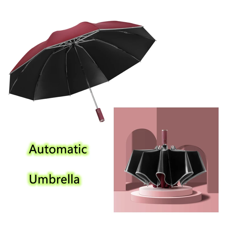 

Fully Automatic Umbrella Anti UV Ten-bone Tri-fold Reflective Strip Men Women Business Umbrella Reverse Folding Rain Umbrella