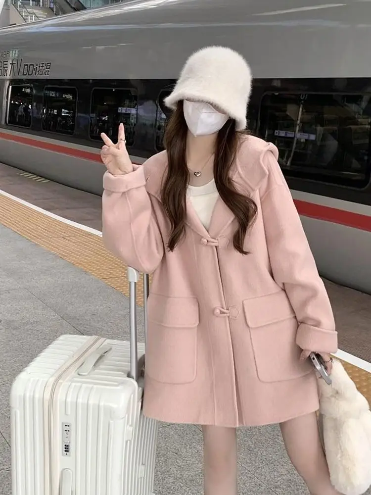 Женское шерстяное пальто модная свободная теплая розовая куртка средней длины