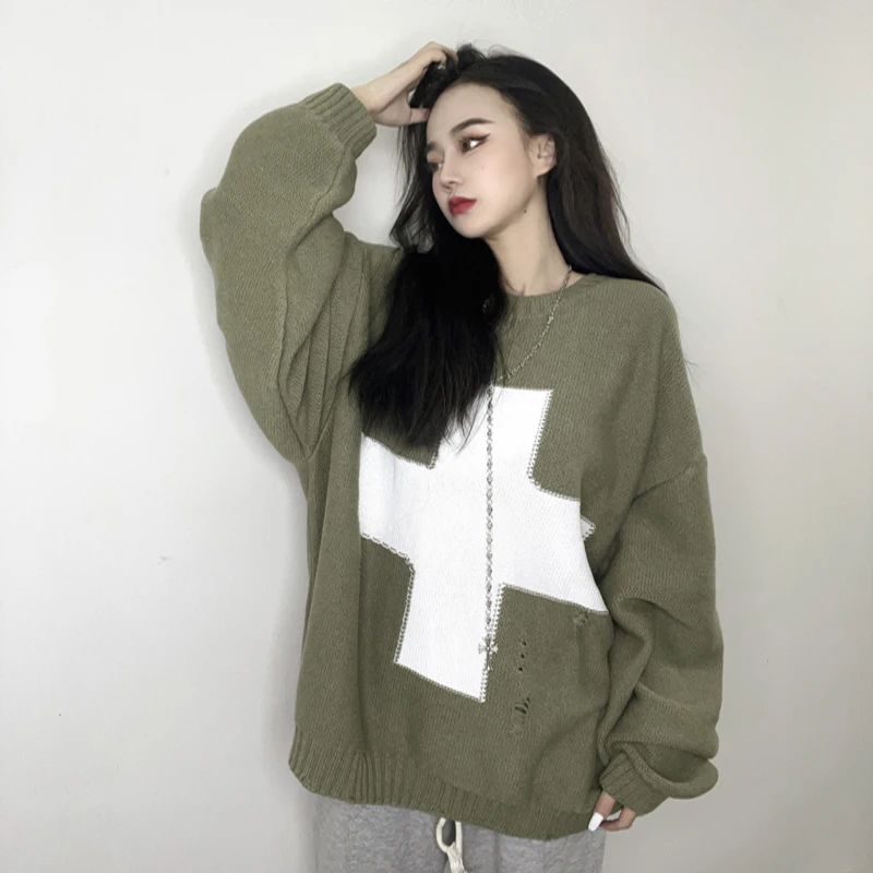 

Oversize Kapital Cross Pattern Printing Green Men Women Vintage Loose Hole Damage Knitt Sweater Pullover