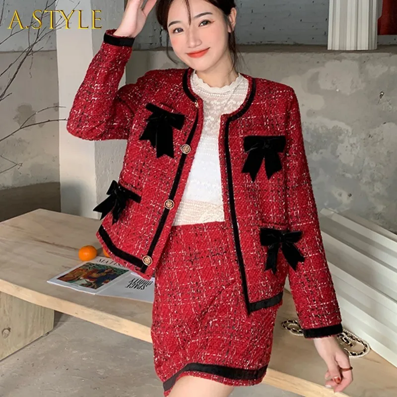 

New Autumn Winter Runway Tweed Causal Women's Bow Short Jacket Coat + High Waist Skirt Long Sleeve 2 Piece Set Suit