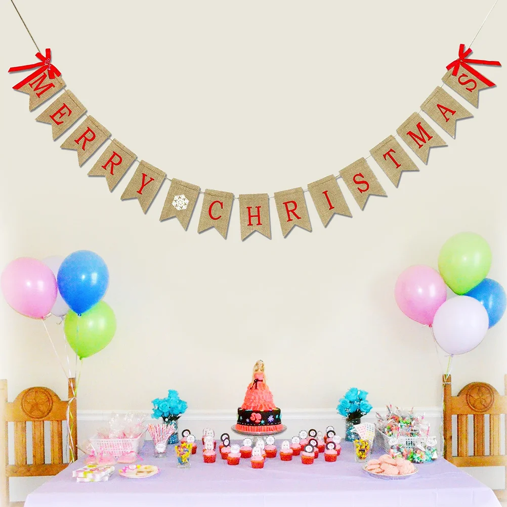 

1 pc Bunting Banner Swallowtail Linen Bowknot MERRY CHRISTMAS Letters Flag for Party Home Decor