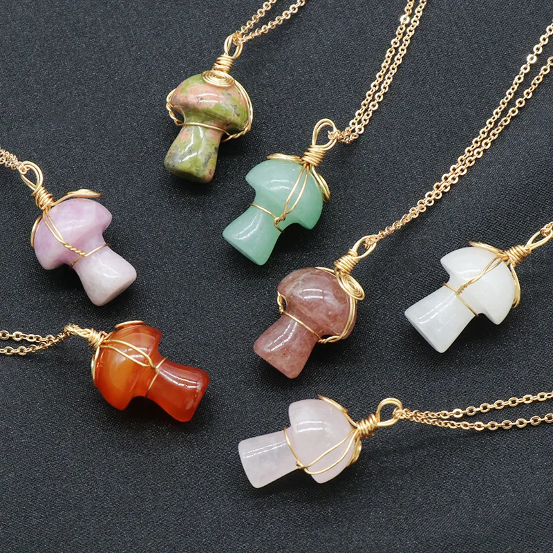 

15pcs Wire Wrap Healing Natural Crystal Pendant Necklace Lovely Mushroom Charm Opal Pink Necklace Fashion Women Jewelry