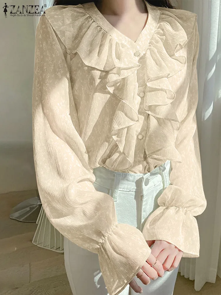 

2022 ZANZEA Spring Solid Women's Blouse Puff Long Sleeve Ruffles V-Neck Flowers Printed Tops Elegant Casual Holiday Korean Blusa