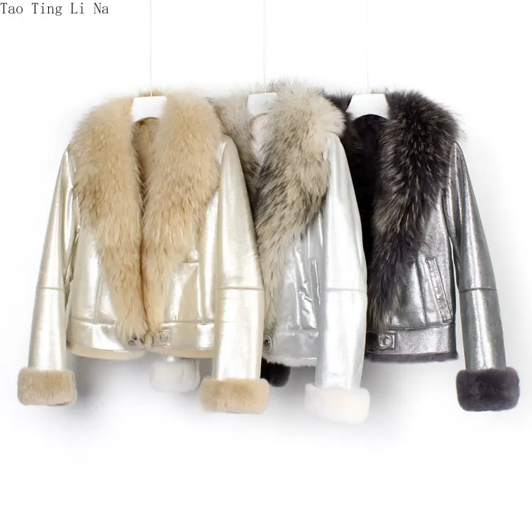 2023 Women New Pearl Bright Face Genuine Raccoon Collar Rabbit Fur Coat Real Fur with Leather One Piece Motorcycle Coat H7 enlarge