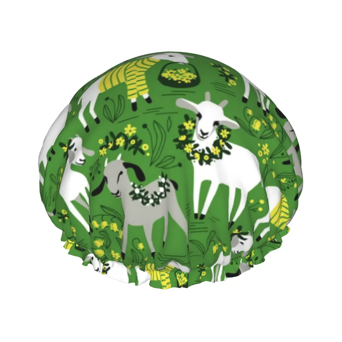 

Goat Green Grass Waterproof Shower Cap with Elasticized Hem Reversible Shower Sleeping Bonnet Cap for All Hair Lengths