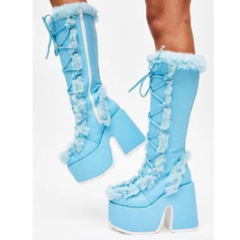 Purple Blue Pink Leather High Platform Block Heel Fur Lace-up Knee Boots Round Toe Women Winter Fur Crosstie Festival Boots