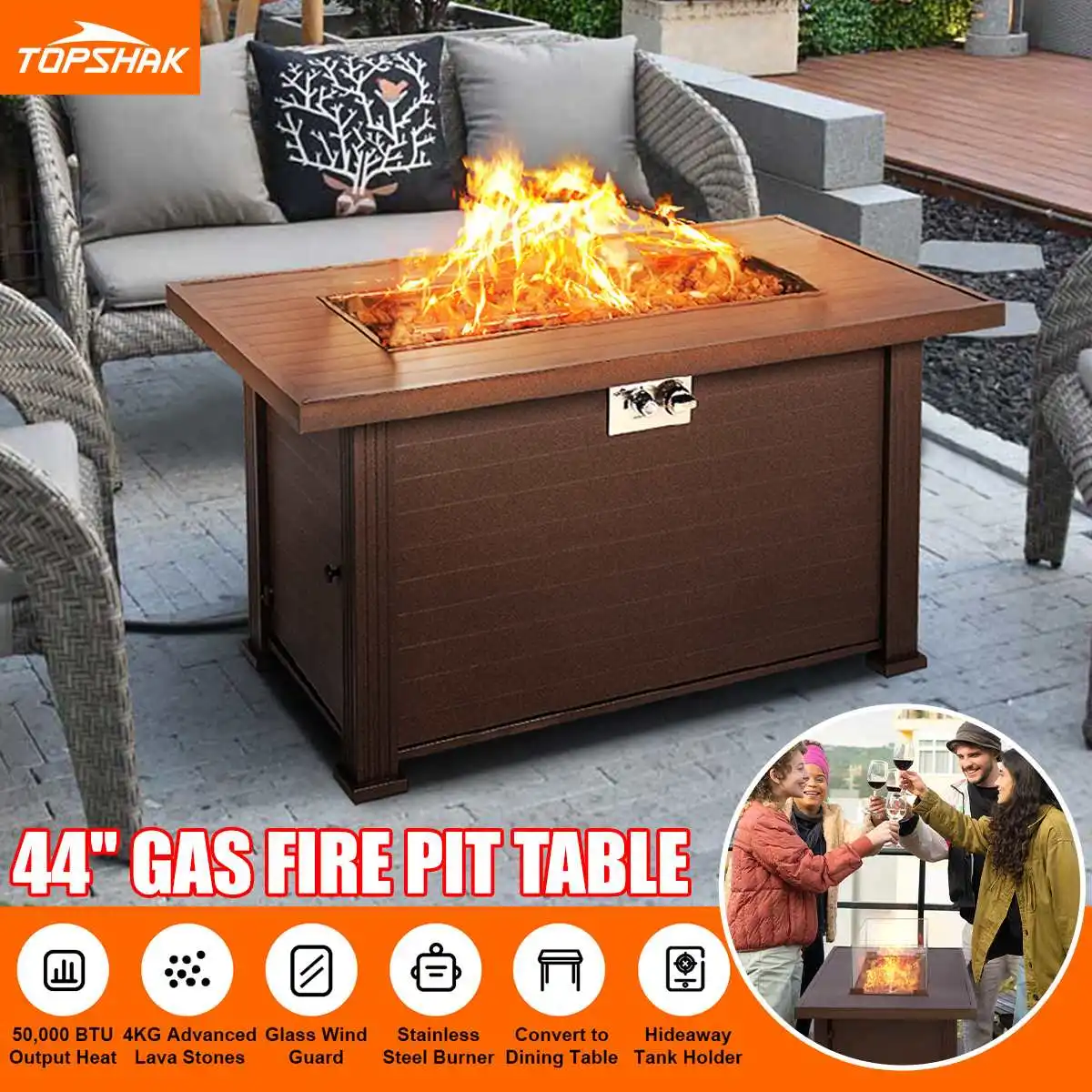 

Topshak-GF2 44 Inch 50000 BTU Grand Patio Outdoor Gas Fire Pit Table Rectangle Patio Propane Fire Pit Table Camping Stand Stove